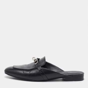 Pre Owned Hermes Black Leather Oz Flat Mules Size 40