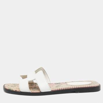 Pre Owned Hermes White Leather Oran Slide Sandals Size 38.5