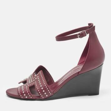 Pre Owned Hermes Burgundy Leather Legend Wedge Sandals Size 40.5