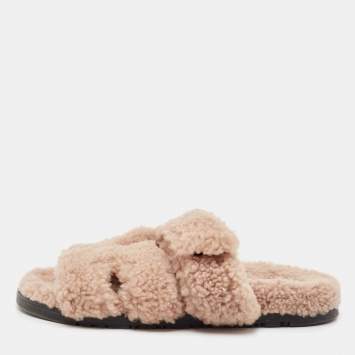 Pre Owned Hermes Beige Shearling Chypre Flat Sandals Size 36