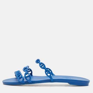 Pre Owned Hermes Blue Rubber D'ancre Chaine Rivage Flat Sandals Size 37