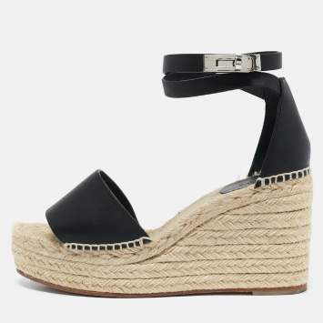 Pre Owned Hermes Black Leather Tipoli Espadrille Wedge Sandals Size 39