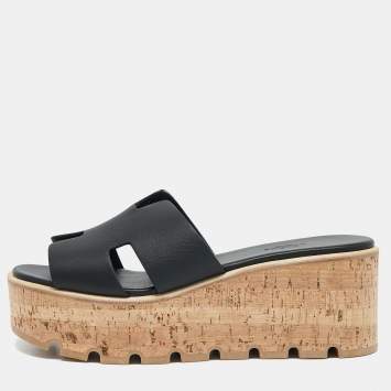 Pre Owned Hermes Black Leather Eze Platform Sandals Size 39