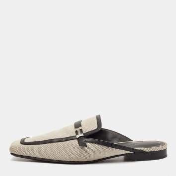 Pre Owned Hermes White/Black Canvas and Leather Groupie Mules Size 39