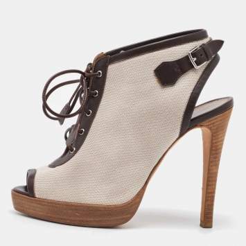 Hermes Off White/Brown Canvas and Leather Platform Booties Size 37