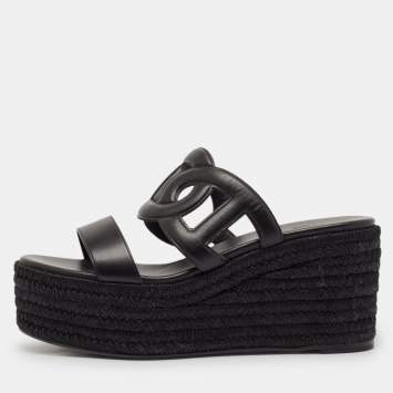 Pre Owned Hermès Black Leather Ithea 30 Espadrille Platform Sandals Size 37