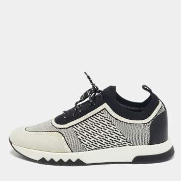 Pre Owned Hermes Grey/Black Knit Fabric and Suede C-addict Lace Up Sneakers Size 39