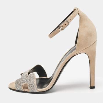 Pre Owned Hermes Beige/Silver Suede and Glitter Premiere Ankle Strap Sandals Size 38.5