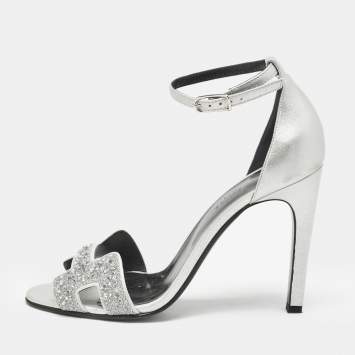 Pre Owned Hermes Silver Leather and Glitter Premiere Ankle Strap Sandals Size 38.5