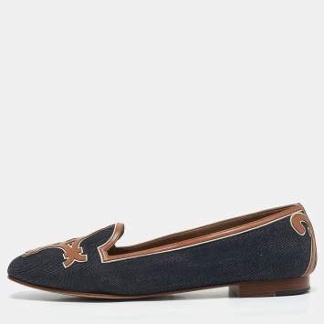 Hermes Navy Blue/Brown Denim and Leather Ballet Flats Size 38