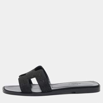 Pre Owned Hermes Black Glitter Oran Flat Sandals Size 36.5