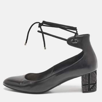 Pre Owned Dior Black Leather Block Heel Ankle Strap Pumps Size 38.5