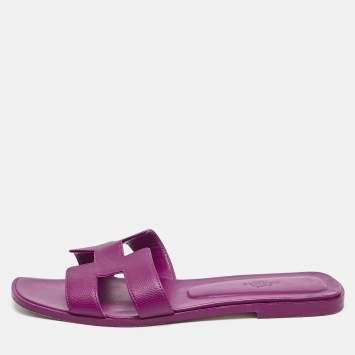 Pre Owned Hermes Purple Leather Oran Flat Sandals Size 40.5