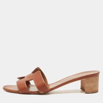 Pre Owned Hermes Brown Leather Oasis Block Heel Slide Sandals Size 41.5