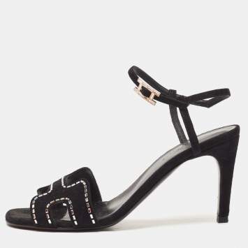 Pre Owned Hermes Black Suede Crystal Embellished Heden Sandals Size 37