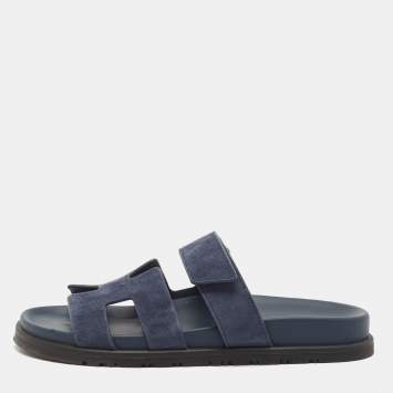 Pre Owned Hermes Navy Blue Suede Chypre Sandals Size 37
