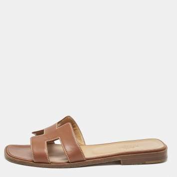 Pre Owned Hermes Brown Leather Oran Flat Slides Size 37