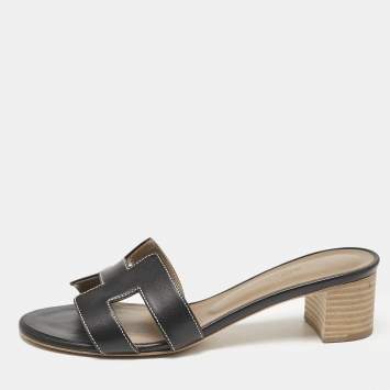 Pre Owned Hermes Black Leather Oasis Slide Sandals Size 37
