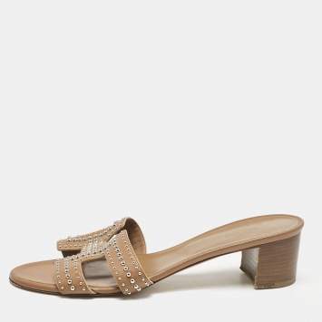 Pre Owned Hermes Brown Leather Oasis Slide Sandals Size 40