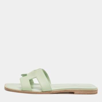 Pre Owned Hermes Green Leather Oran Slide Sandals Size 38.5