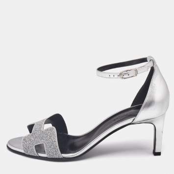Hermès Silver Leather and Glitter Premiere Sandals Size 39