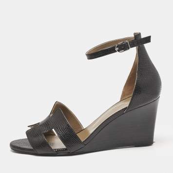 Pre Owned Hermes Black Lizard Legend Wedge Sandals Size 39