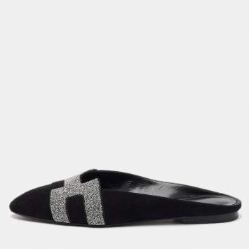  Hermes Black/Silver Suede and Crystal Roxane Flat Mules Size 36.5