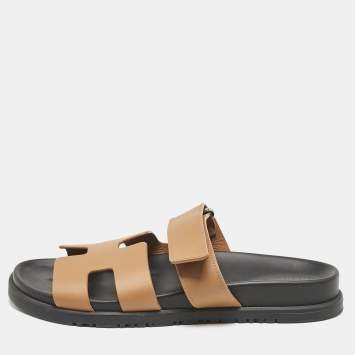 Pre Owned Hermes Brown Leather Chypre Flat Sandals Size 38.5