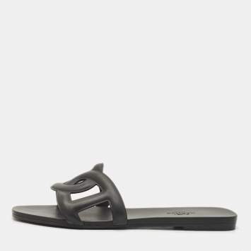 Pre Owned Hermes Black Rubber Aloha Flat Slide Sandals Size 37