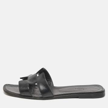 Pre Owned Hermes Black Patent Leather Oran Flat Slides Size 39.5