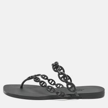 Pre Owned Hermes Black Rubber Island Flat Sandals Size 39