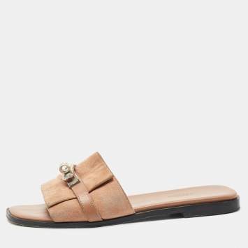 Pre Owned Hermes Light Brown Suede Giulia Flat Slides Size 38