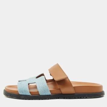Pre Owned Hermes Brown Denim and Leather Chypre Flat Sandals Size 38