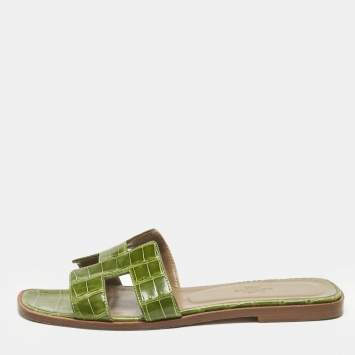 Pre Owned Hermes Green Alligator Leather Oran Flat Slides Size 38