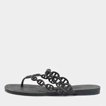 Pre Owned Hermes Black Rubber Island Flat Sandals Size 38