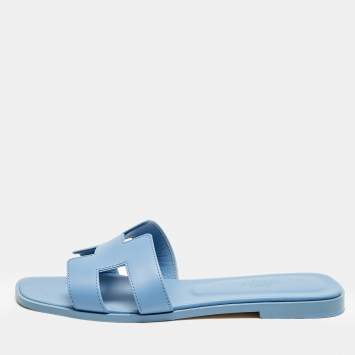Pre Owned Hermes Blue Leather Oran Flat Slide Sandals Size 38.5