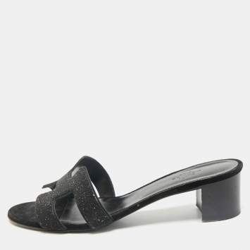 Pre Owned Hermes Black Glitter Suede Oasis Slide Sandals Size 38.5