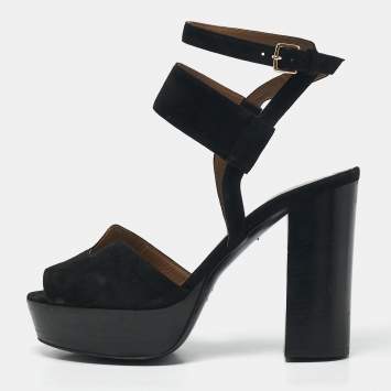 Hermes Black Suede Ankle Strap Platform Sandals Size 38