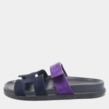 Pre Owned Hermes Navy Blue/Purple Suede Chypre Sandals Size 38