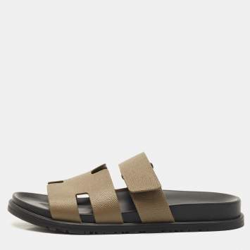 Pre Owned Hermes Grey Leather Chypre Sandals Size 40.5