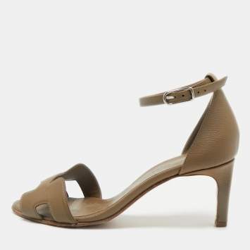 Hermes Taupe Brown Leather Premiere Ankle Strap Sandals Size 37