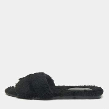 Hermes Black Shearling Fur Oran Flat Sandals Size 39