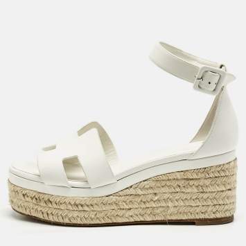 Pre Owned Hermes White Leather Ilana Espadrille Wedge Sandals Size 39