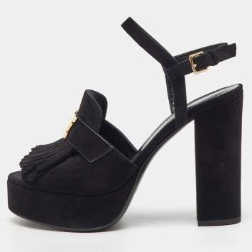 Hermes Black Suede Anjou Block Heel Platform Ankle Strap Sandals Size 40