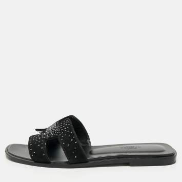 Hermes Black Suede Crystal Embellished Oran Flat Slides Size 39