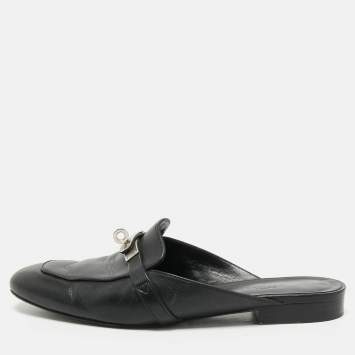 Hermes Black Leather Oz Flat Mules Size 39