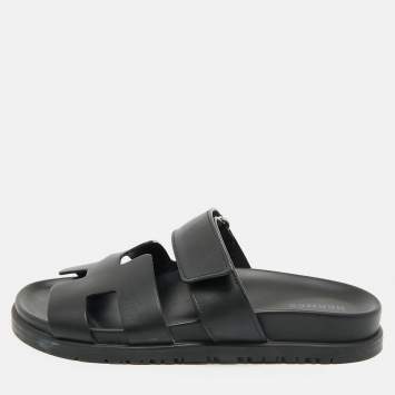 Hermes Black Leather Chypre Sandals Size 36