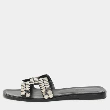 Hermès Black Leather Clou De Selle Embellished Oran Flat Slides Size 39