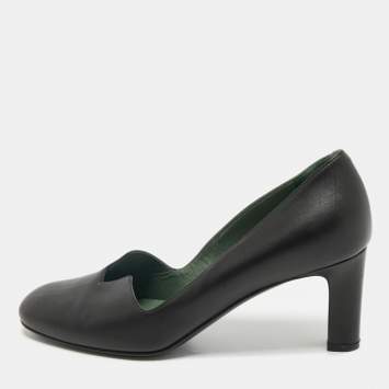 Hermes Black Leather Block Heel Pumps Size 37.5