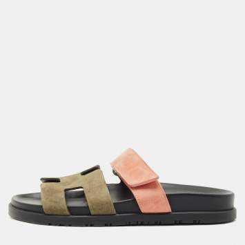 Hermes Green/Pink Leather and Suede Chypre Flat Sandals Size 37